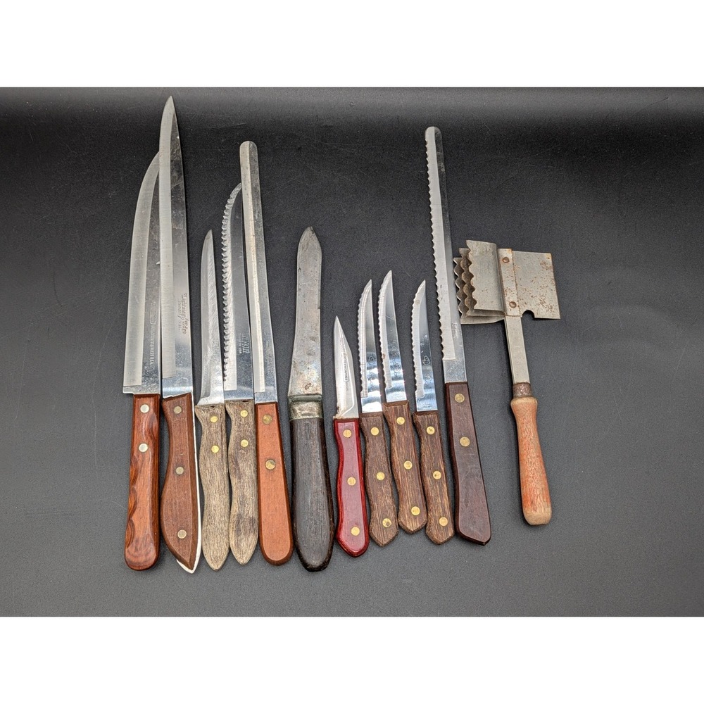 Mix Lot of 12 VTG Knife Knives Wood Handle Brass Rivets USA Chef Butcher Bread